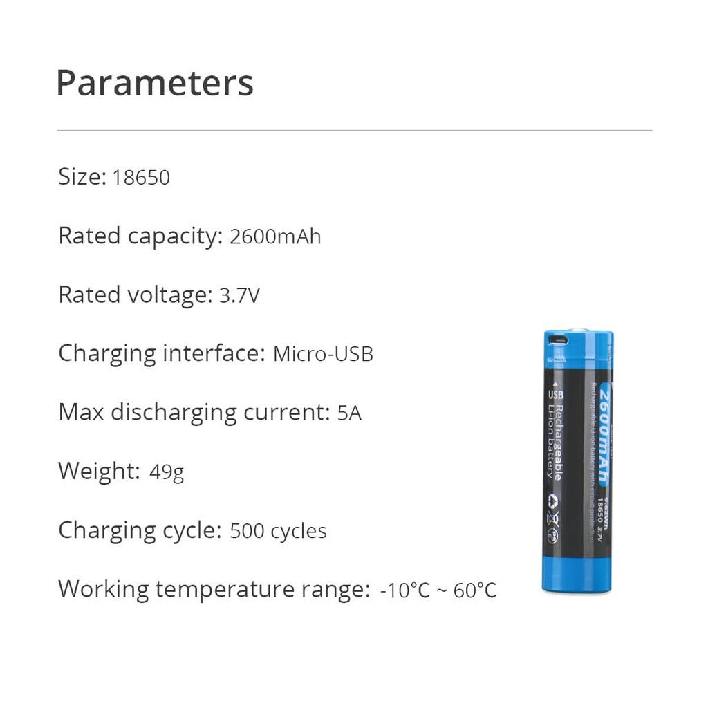 WUBEN HIGH CAPACITY 18650 3.7V USB RECHARGEABLE 2600mAh LI-ION BATTERY 5.0